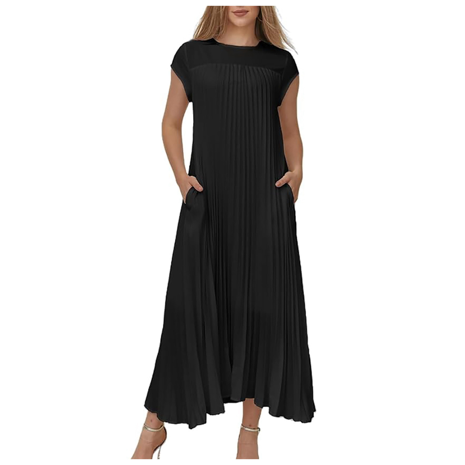 thumbnail image 2 of Vestido largo sin mangas plisado de poliéster para mujer - Cuello redondo, informal - Verano - Tallas S-XXXL, 2 of 5